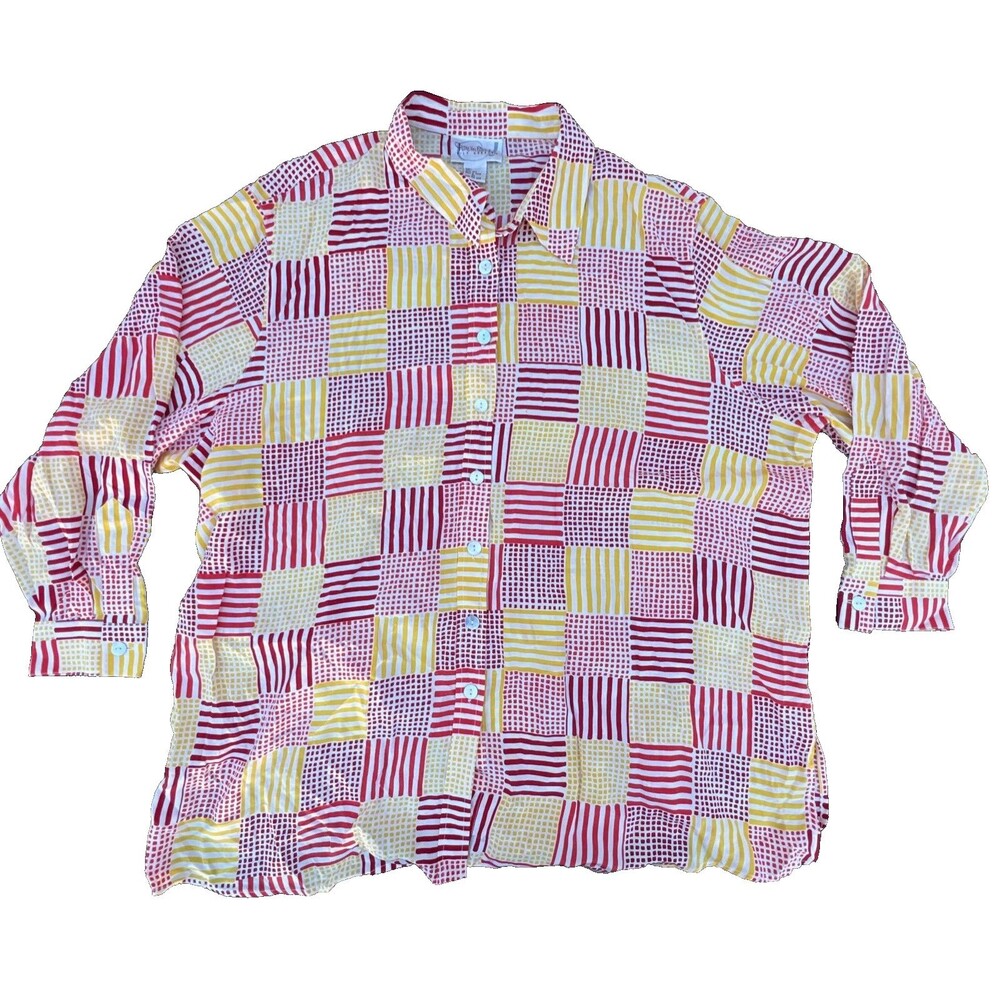 Diane Von Furstenberg Patchwork Multicolor 100% Silk Assets Long Sleeve Shirt 3X